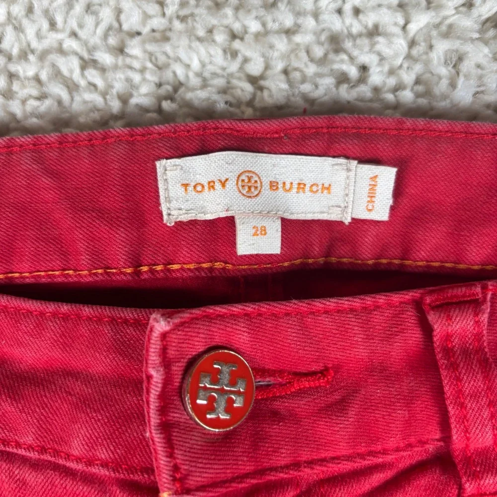 Tory Burch Cropped Skinny Jean Women 28 Red Stretch Denim Logo Hardware